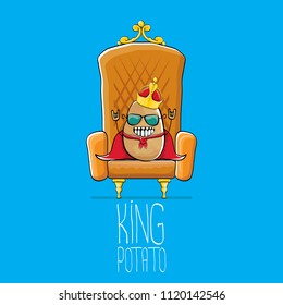 vector funny cartoon cool cute brown smiling king potato with golden royal crown and red mantle or cape sitting on brown throne isolated on blue background. vegetable funky food drawn character