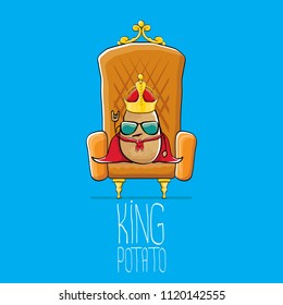 vector funny cartoon cool cute brown smiling king potato with golden royal crown and red mantle or cape sitting on brown throne isolated on blue background. vegetable funky food drawn character