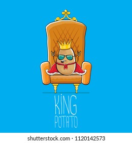 vector funny cartoon cool cute brown smiling king potato with golden royal crown and red mantle or cape sitting on brown throne isolated on blue background. vegetable funky food drawn character