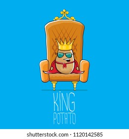 vector funny cartoon cool cute brown smiling king potato with golden royal crown and red mantle or cape sitting on brown throne isolated on blue background. vegetable funky food drawn character