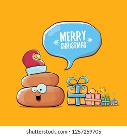 vector funny cartoon cool cute brown smiling poo icon with santa with red hat, christmas gift boxes and speech bubble on orange background with snow. emoji funky christmas character. - Vector