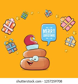 vector funny cartoon cool cute brown smiling poo icon with santa with red hat, christmas gift boxes and speech bubble on orange background with snow. emoji funky christmas character. - Vector