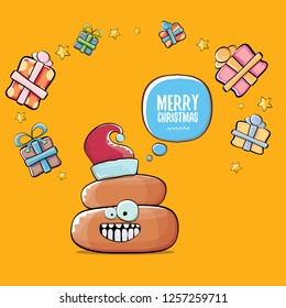 vector funny cartoon cool cute brown smiling poo icon with santa with red hat, christmas gift boxes and speech bubble on orange background with snow. emoji funky christmas character. - Vector