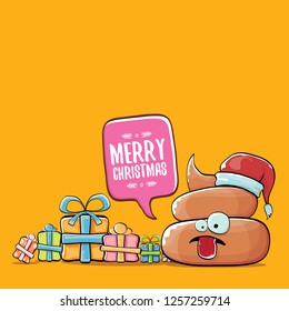 vector funny cartoon cool cute brown smiling poo icon with santa with red hat, christmas gift boxes and speech bubble on orange background with snow. emoji funky christmas character. - Vector