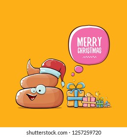 vector funny cartoon cool cute brown smiling poo icon with santa with red hat, christmas gift boxes and speech bubble on orange background with snow. emoji funky christmas character. - Vector