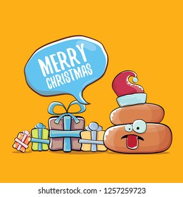 vector funny cartoon cool cute brown smiling poo icon with santa with red hat, christmas gift boxes and speech bubble on orange background with snow. emoji funky christmas character. - Vector