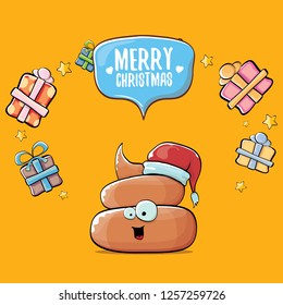 vector funny cartoon cool cute brown smiling poo icon with santa with red hat, christmas gift boxes and speech bubble on orange background with snow. emoji funky christmas character. - Vector