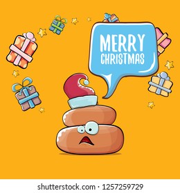 vector funny cartoon cool cute brown smiling poo icon with santa with red hat, christmas gift boxes and speech bubble on orange background with snow. emoji funky christmas character. - Vector