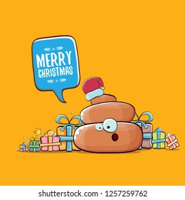 vector funny cartoon cool cute brown smiling poo icon with santa with red hat, christmas gift boxes and speech bubble on orange background with snow. emoji funky christmas character. - Vector