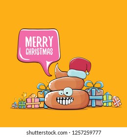 vector funny cartoon cool cute brown smiling poo icon with santa with red hat, christmas gift boxes and speech bubble on orange background with snow. emoji funky christmas character. - Vector