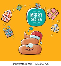 vector funny cartoon cool cute brown smiling poo icon with santa with red hat, christmas gift boxes and speech bubble on orange background with snow. emoji funky christmas character. - Vector