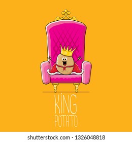 vector funny cartoon cool cute brown smiling king potato with golden royal crown and red mantle or cape sitting on pink throne isolated on orange background. vegetable funky food drawn character 