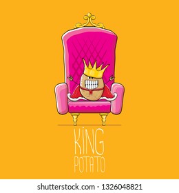 vector funny cartoon cool cute brown smiling king potato with golden royal crown and red mantle or cape sitting on pink throne isolated on orange background. vegetable funky food drawn character 
