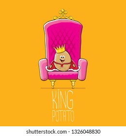 vector funny cartoon cool cute brown smiling king potato with golden royal crown and red mantle or cape sitting on pink throne isolated on orange background. vegetable funky food drawn character 