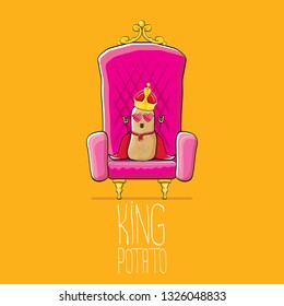 vector funny cartoon cool cute brown smiling king potato with golden royal crown and red mantle or cape sitting on pink throne isolated on orange background. vegetable funky food drawn character 
