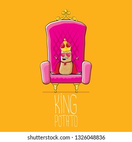 vector funny cartoon cool cute brown smiling king potato with golden royal crown and red mantle or cape sitting on pink throne isolated on orange background. vegetable funky food drawn character 