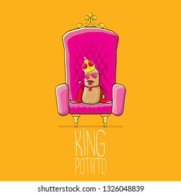 vector funny cartoon cool cute brown smiling king potato with golden royal crown and red mantle or cape sitting on pink throne isolated on orange background. vegetable funky food drawn character 