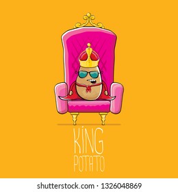 vector funny cartoon cool cute brown smiling king potato with golden royal crown and red mantle or cape sitting on pink throne isolated on orange background. vegetable funky food drawn character 