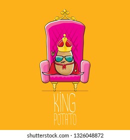 vector funny cartoon cool cute brown smiling king potato with golden royal crown and red mantle or cape sitting on pink throne isolated on orange background. vegetable funky food drawn character 