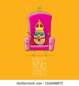 vector funny cartoon cool cute brown smiling king potato with golden royal crown and red mantle or cape sitting on pink throne isolated on orange background. vegetable funky food drawn character 