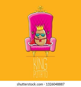 vector funny cartoon cool cute brown smiling king potato with golden royal crown and red mantle or cape sitting on pink throne isolated on orange background. vegetable funky food drawn character 
