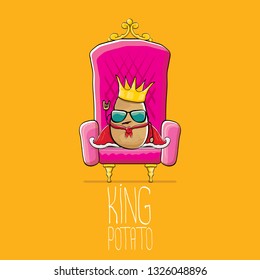 vector funny cartoon cool cute brown smiling king potato with golden royal crown and red mantle or cape sitting on pink throne isolated on orange background. vegetable funky food drawn character 