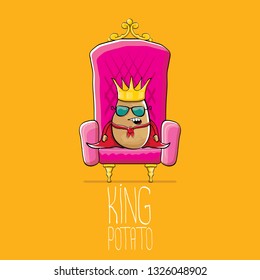 vector funny cartoon cool cute brown smiling king potato with golden royal crown and red mantle or cape sitting on pink throne isolated on orange background. vegetable funky food drawn character 