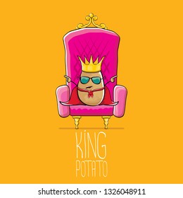 vector funny cartoon cool cute brown smiling king potato with golden royal crown and red mantle or cape sitting on pink throne isolated on orange background. vegetable funky food drawn character 