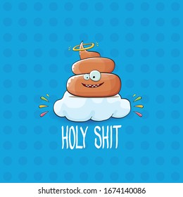 caricatura vectorial graciosa linda adorable popó sonriente marrón con anillo halo angel sentado en la nube aislado en fondo azul. personaje funky emoji. Slogan HOLY SHIT o ilustración conceptual de cita