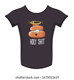 Vektorillustration lustige Cartoon kühlen süßen braunen Lächeln mit Engel halo Ring einzeln auf schwarzem Hintergrund. emoji funky Charakter. HOLY SHIT-Slogan oder Angebotsanleitung