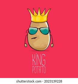 vector funny cartoon cool cute brown smiling king potato icon with gold crown isolated on pink background. vegetable funky king or prince potato character