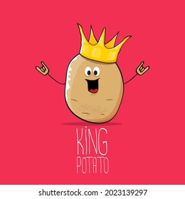 vector funny cartoon cool cute brown smiling king potato icon with gold crown isolated on pink background. vegetable funky king or prince potato character