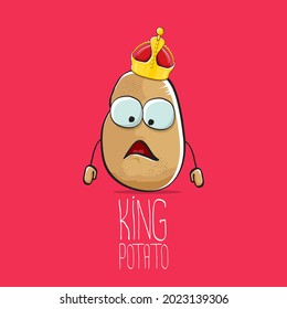 vector funny cartoon cool cute brown smiling king potato icon with gold crown isolated on pink background. vegetable funky king or prince potato character