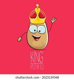 vector funny cartoon cool cute brown smiling king potato icon with gold crown isolated on pink background. vegetable funky king or prince potato character