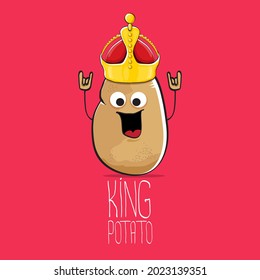 vector funny cartoon cool cute brown smiling king potato icon with gold crown isolated on pink background. vegetable funky king or prince potato character