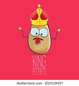 vector funny cartoon cool cute brown smiling king potato icon with gold crown isolated on pink background. vegetable funky king or prince potato character