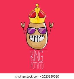 vector funny cartoon cool cute brown smiling king potato icon with gold crown isolated on pink background. vegetable funky king or prince potato character
