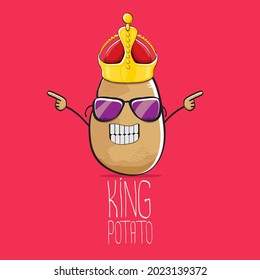 vector funny cartoon cool cute brown smiling king potato icon with gold crown isolated on pink background. vegetable funky king or prince potato character