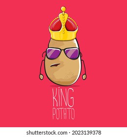 caricatura vectorial divertido genial adorable marrón sonriente icono de la papa rey con corona dorada aislada en fondo rosa. personaje de papa príncipe o rey funky vegetal