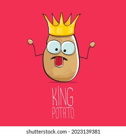 vector funny cartoon cool cute brown smiling king potato icon with gold crown isolated on pink background. vegetable funky king or prince potato character