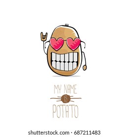 vector funny cartoon cool cute brown smiling potato with heart shape sunglasses isolated on white background. My name is potato