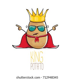 vector funny cartoon cool cute brown smiling king potato with gold crown and red mantle or cape isolated on white background. vegetable funky character 