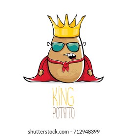 vector funny cartoon cool cute brown smiling king potato with gold crown and red mantle or cape isolated on white background. vegetable funky character 