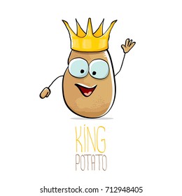 vector funny cartoon cool cute brown smiling king potato with gold crown isolated on white background. vegetable funky character 