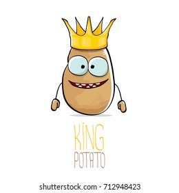 vector funny cartoon cool cute brown smiling king potato with gold crown isolated on white background. vegetable funky character 