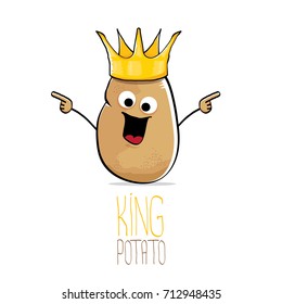 vector funny cartoon cool cute brown smiling king potato with gold crown isolated on white background. vegetable funky character 