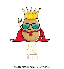 vector funny cartoon cool cute brown smiling king potato with gold crown and red mantle or cape isolated on white background. vegetable funky character 