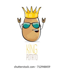 vector funny cartoon cool cute brown smiling king potato with gold crown isolated on white background. vegetable funky character 