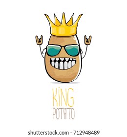 vector funny cartoon cool cute brown smiling king potato with gold crown isolated on white background. vegetable funky character 