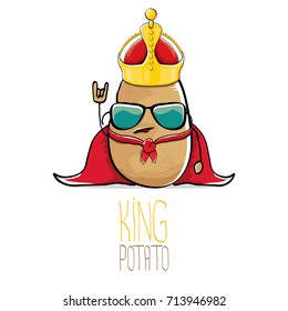 vector funny cartoon cool cute brown smiling king potato with gold crown and red mantle or cape isolated on white background. vegetable funky character